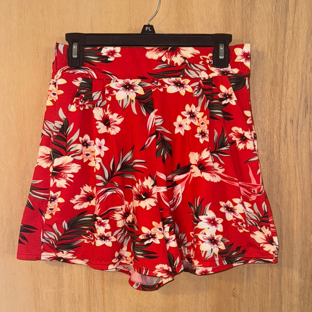 Floral Red High-Waisted Shorts